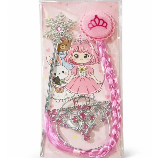 Kar Tanesi Prensesi Taç Asa Örgü Saç Seti - Pembe