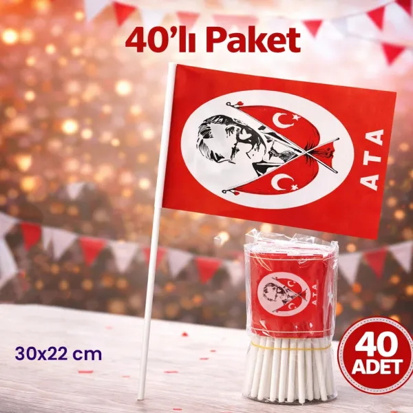 Atatürk Baskılı Çıtalı Bayrak (30x22 cm 40 adet)