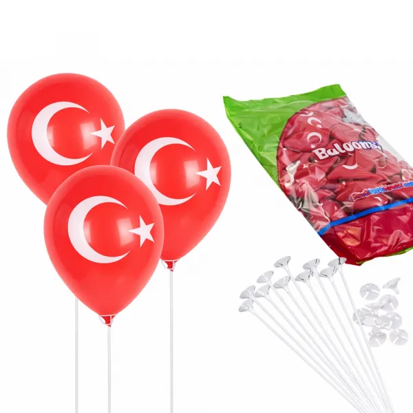 Ay Yıldız Türk Bayraklı Balon ve Balon Çubuğu (100 adet)