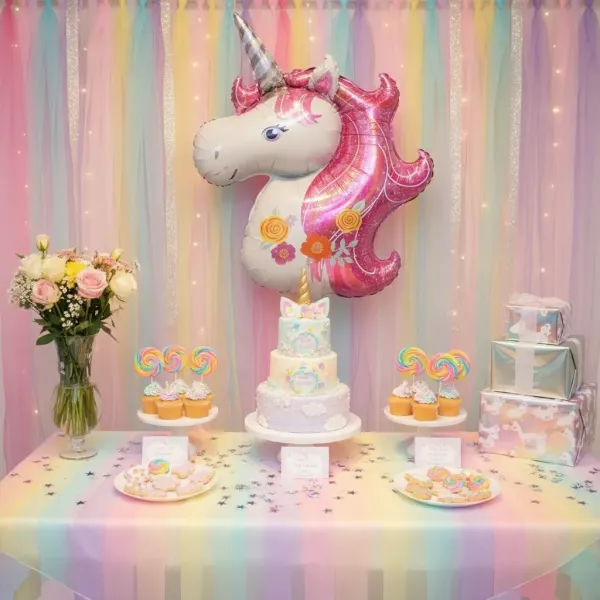 Pembe Çiçekli Unicorn Folyo Balon Büyük Boy (85x110 cm)