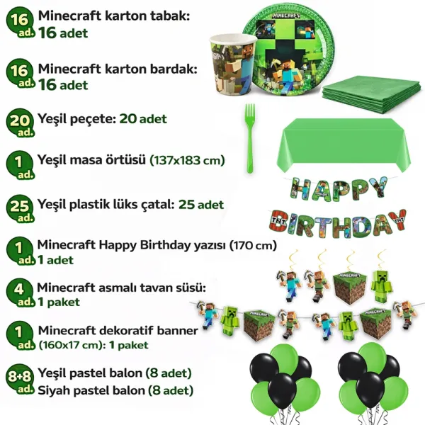 Minecraft Doğum Günü Süsleri Parti Seti (16 Kişilik)