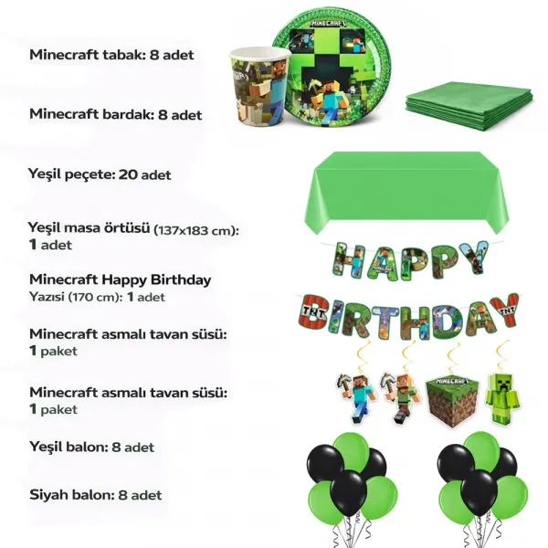 Minecraft Doğum Günü Konsepti Parti Seti 8 Kişilik