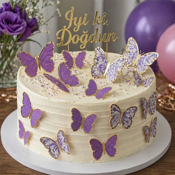 Mor Kelebek Balon Ve Pasta Süsü (21 Adet)