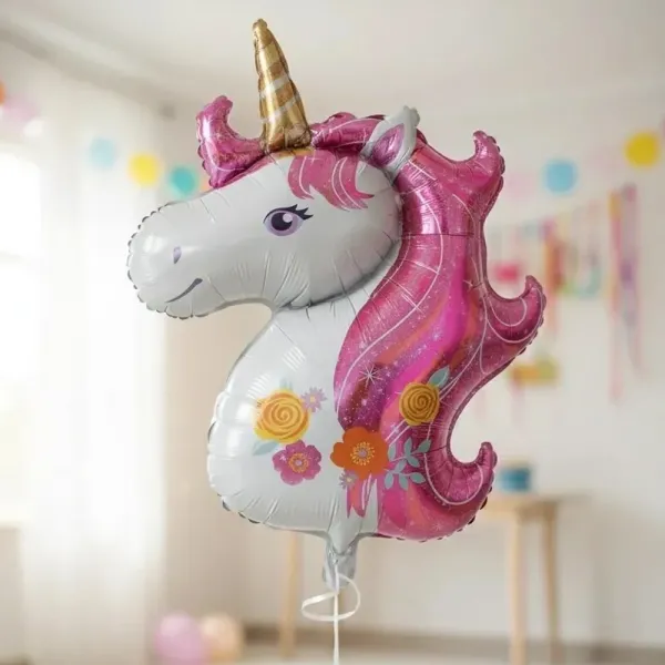 Pembe Çiçekli Unicorn Folyo Balon Büyük Boy (85x110 cm)