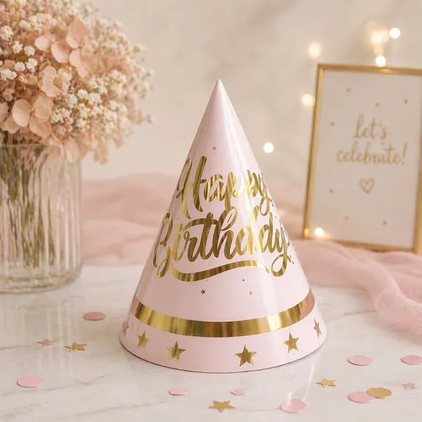 Happy Birthday Parti Şapkası Pembe-Gold (21x14 cm)