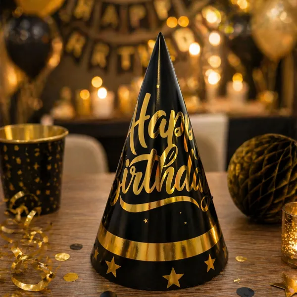 Happy Birthday Parti Şapkası Siyah-Gold (21x14 cm)