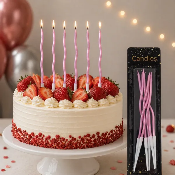 Metalik Kıvrımlı Spiral Pembe Mum (6 Adet)