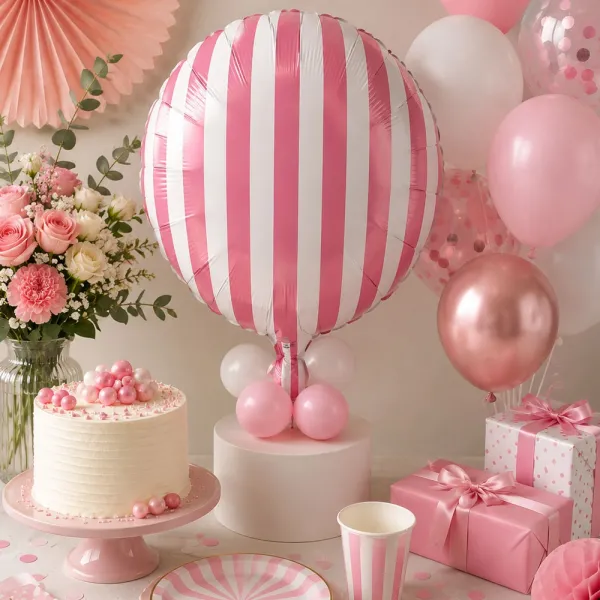 Pembe - Beyaz Çizgili Folyo Balon (45 cm)