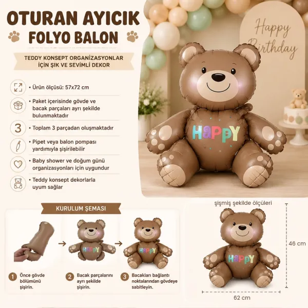 Oturan Ayıcık Folyo Balon (57x72 cm)