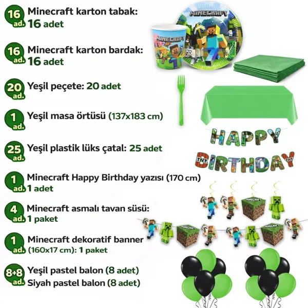 Minecraft Doğum Günü Süsleri Parti Seti (16 Kişilik)