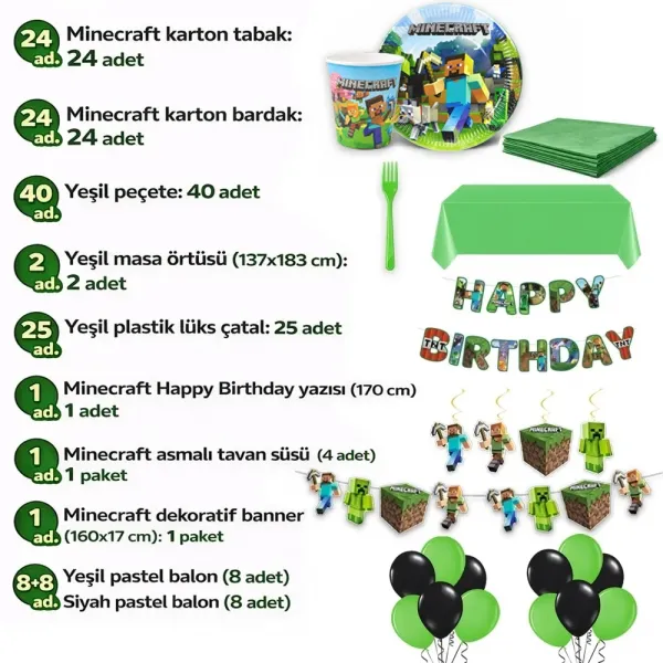 Minecraft Parti Malzemeleri Seti (24 Kişilik)