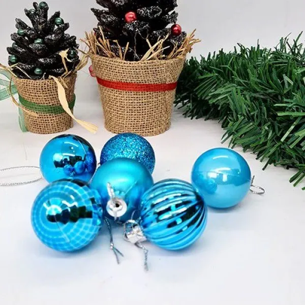 Açık Mavi Yılbaşı Top Süs Mat-Parlak-Simli-Aynalı 6 Adet 4 cm