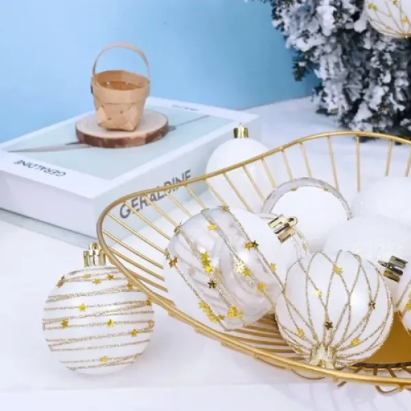 Beyaz Şeffaf Gold İşlemeli Yılbaşı Çam Ağacı Topu 16 adet 6 cm