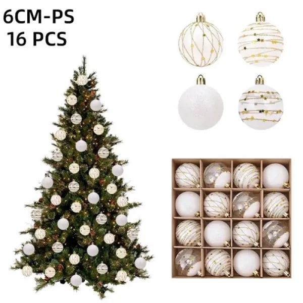 Beyaz Şeffaf Gold İşlemeli Yılbaşı Çam Ağacı Topu 16 adet 6 cm