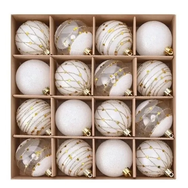 Beyaz Şeffaf Gold İşlemeli Yılbaşı Çam Ağacı Topu 16 adet 6 cm