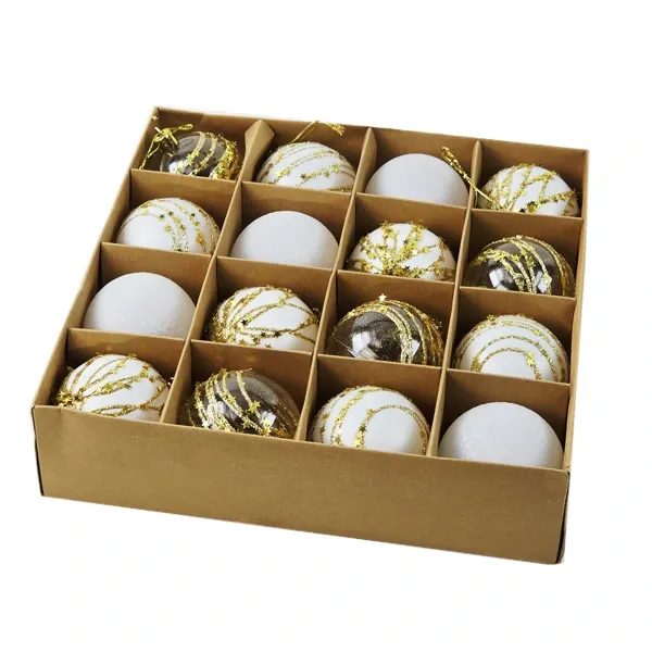 Beyaz Şeffaf Gold İşlemeli Yılbaşı Çam Ağacı Topu 16 adet 6 cm