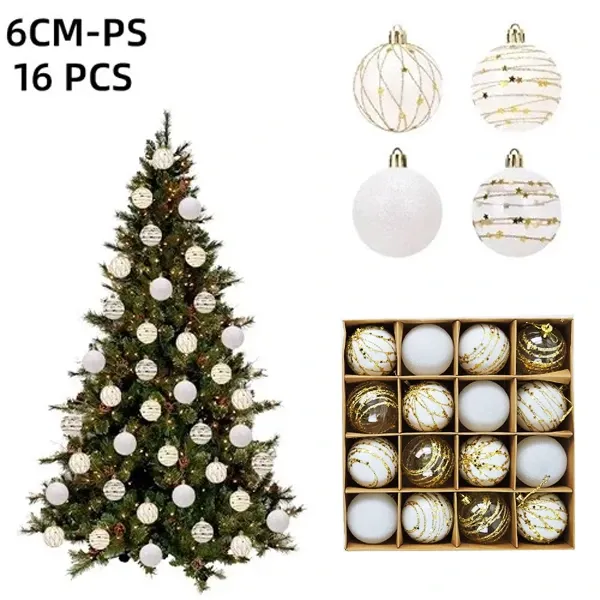 Beyaz Şeffaf Gold İşlemeli Yılbaşı Çam Ağacı Topu 16 adet 6 cm