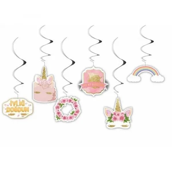 Çiçekli Unicorn Asmalı Tavan Süsü (6 Adet)