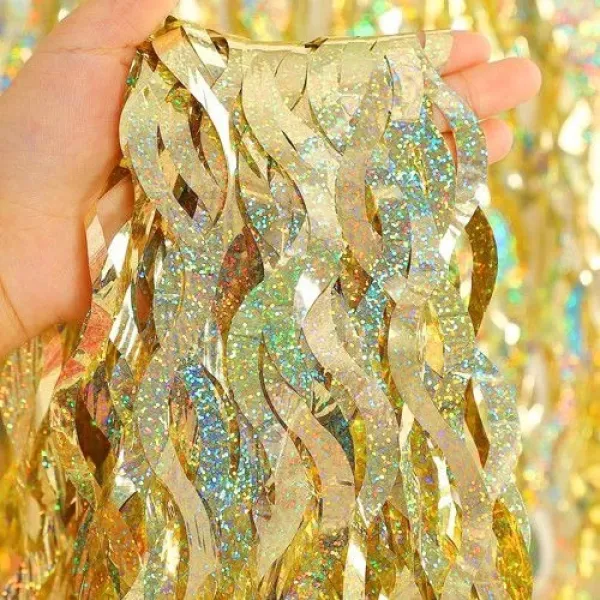 Dalgalı Hologram Duvar ve Kapı Perdesi Gold 100x200 cm