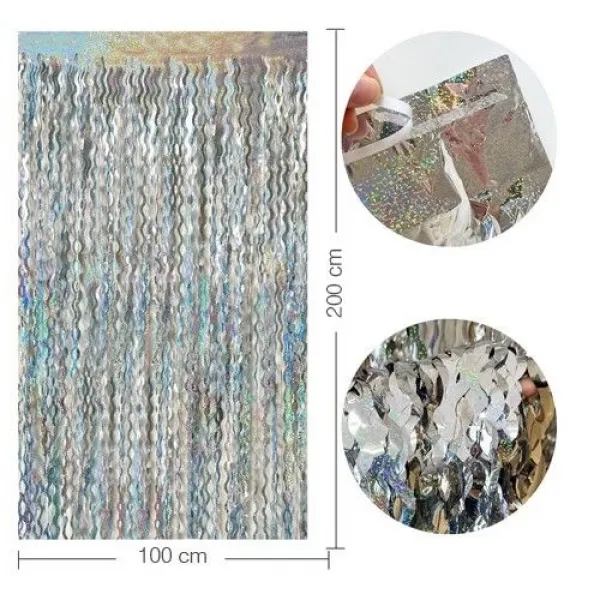 Dalgalı Hologram Duvar ve Kapı Perdesi Gümüş 100x200 cm