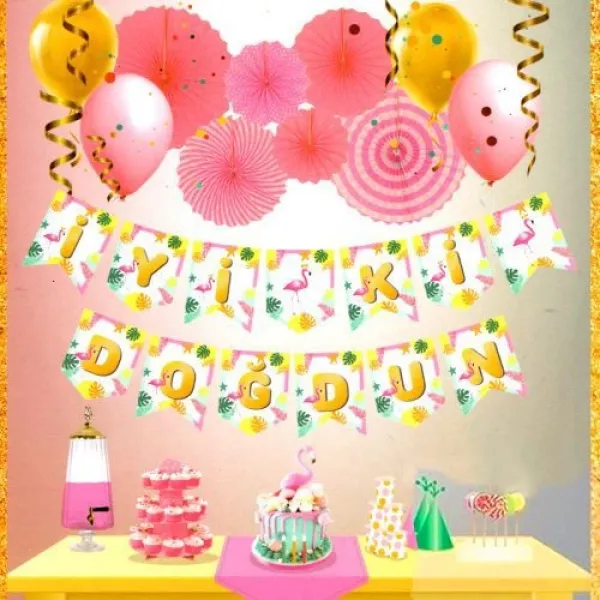 Flamingo Temalı İyi ki Doğdun Yazısı (190 cm)