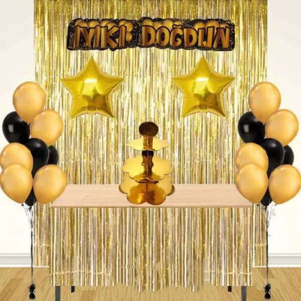 Gold Işıltılı Masa ve Arka Fon Seti