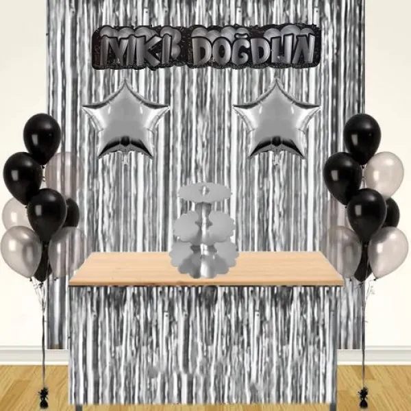 Gümüş Işıltılı Masa ve Arka Fon Seti