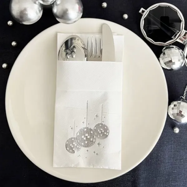 Gümüş Yaldızlı Disco Toplu Beyaz Cepli Peçete 12 adet