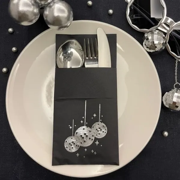 Gümüş Yaldızlı Disco Toplu Siyah Cepli Peçete 12 adet