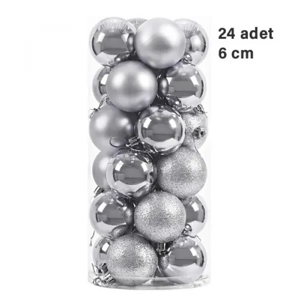 Gümüş Yılbaşı Topu Simli - Parlak - Mat 24 adet 6 cm