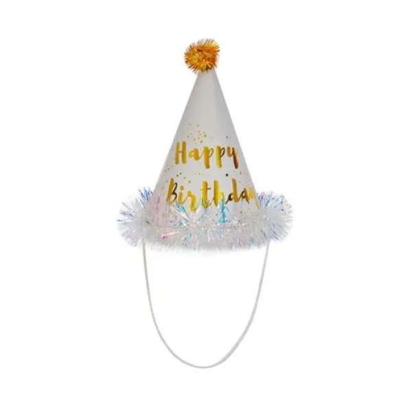 Happy Birthday Beyaz Simli Beyaz Şapka 18*11 cm