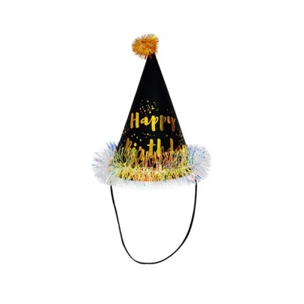 Happy Birthday Beyaz Simli Siyah Şapka 18*11 cm
