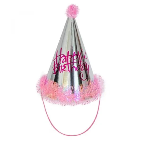 Happy Birthday Pembe Simli Gümüş Şapka 20*13 cm