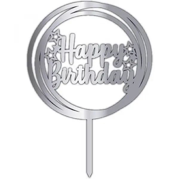 Happy Birthday Pleksi Pasta Süsü Gümüş (17x12 cm)
