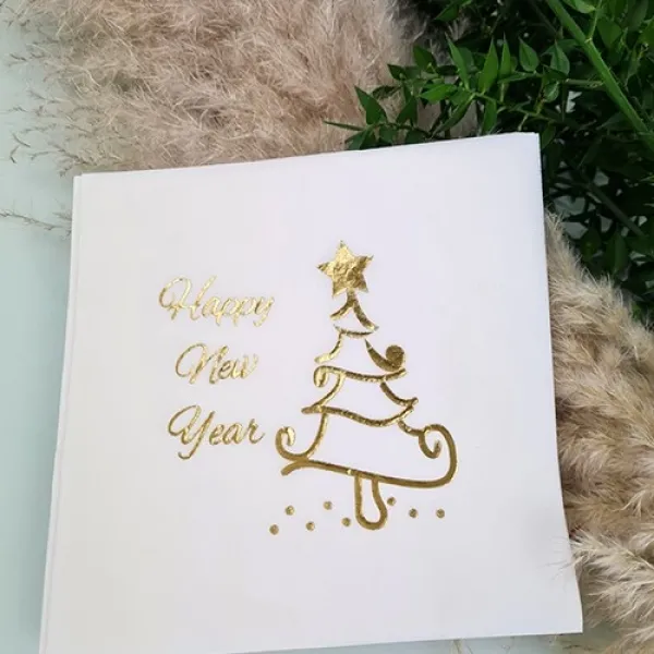Happy New Year Gold Varaklı Peçete Beyaz 16 Adet