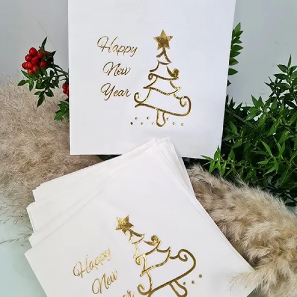 Happy New Year Gold Varaklı Peçete Beyaz 16 Adet