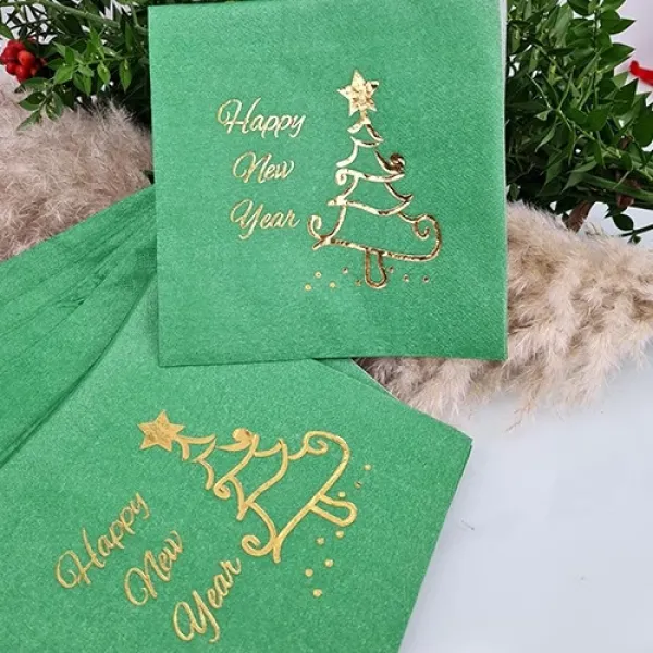 Happy New Year Gold Varaklı Peçete Yeşil 16 Adet