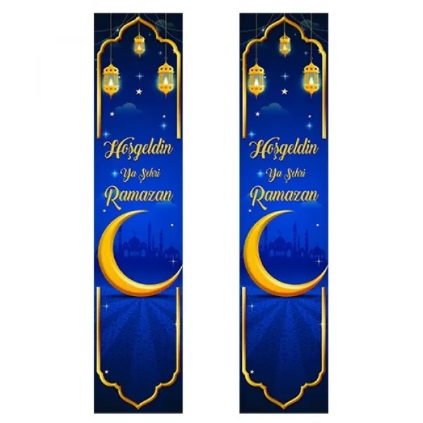 Hoş Geldin Ramazan Asma Afiş Mavi Ay Kandil 2li (155x30 cm)