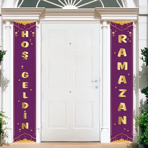 Hoş Geldin Ramazan Asma Afiş Mor (2li - 155x30 cm)