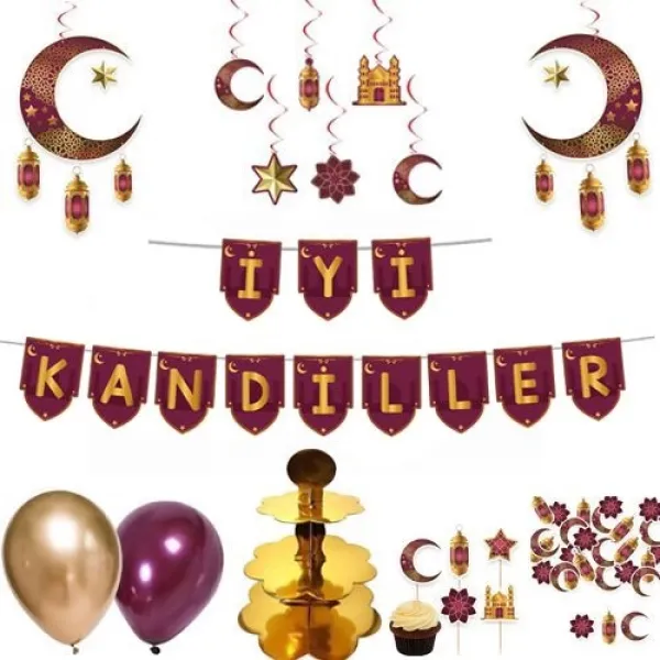 İyi Kandiller Ramazan Bordo Dekor Seti 8 Parça