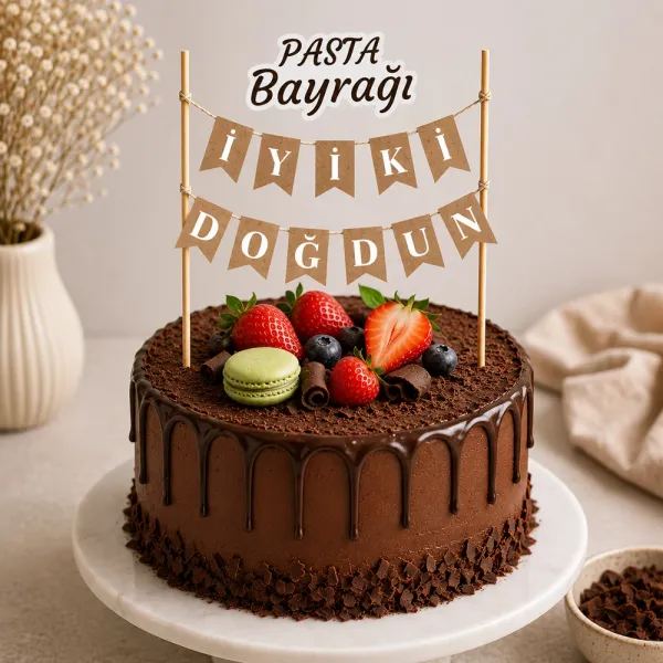 İyi Ki Doğdun Kraft Üzeri Beyaz Pasta Bayrağı