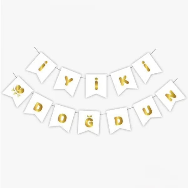 İyi ki Doğdun Yazısı Beyaz Üzeri Gold Yaldızlı