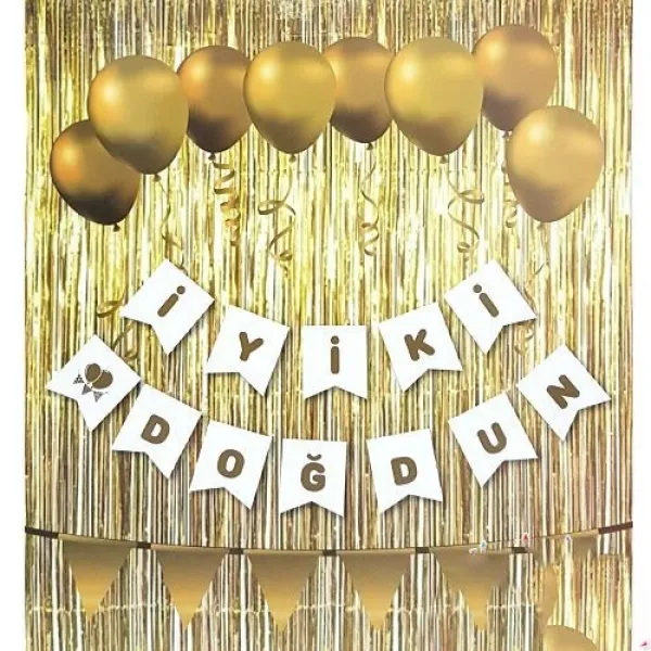 İyi ki Doğdun Yazısı Beyaz Üzeri Gold Yaldızlı