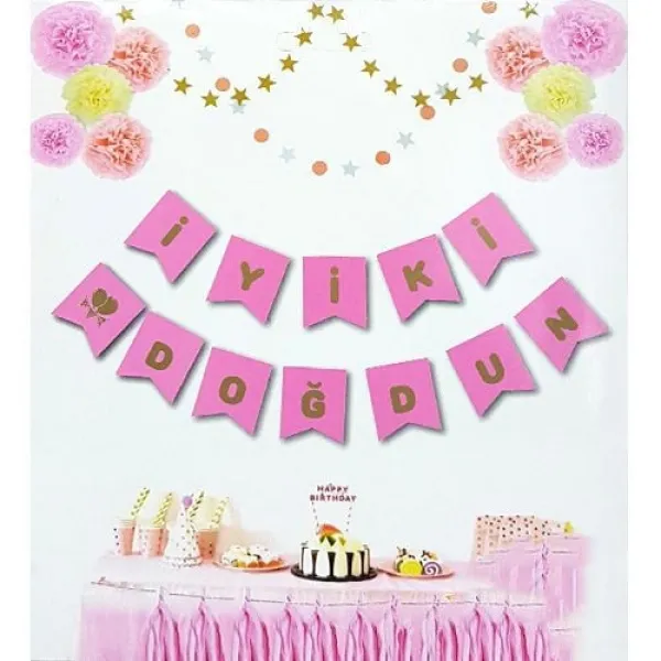 İyi ki Doğdun Yazısı Pembe Üzeri Gold Yaldızlı