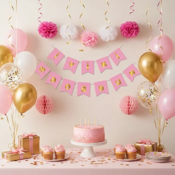 İyi ki Doğdun Yazısı Pembe Üzeri Gold Yaldızlı