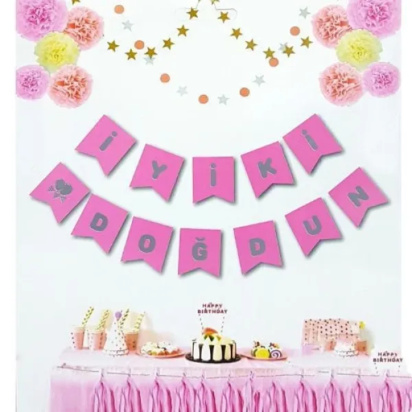 İyi ki Doğdun Yazısı Pembe Üzeri Gümüş Yaldızlı