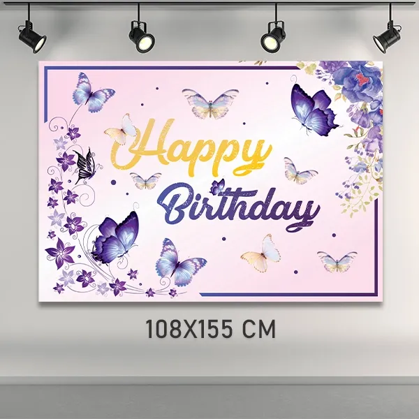 Kelebek Temalı Doğum Günü Afişi Mor (108x155 cm)