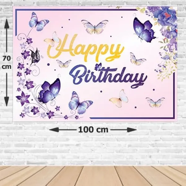 Kelebek Temalı Doğum Günü Afişi Mor 70*100 cm