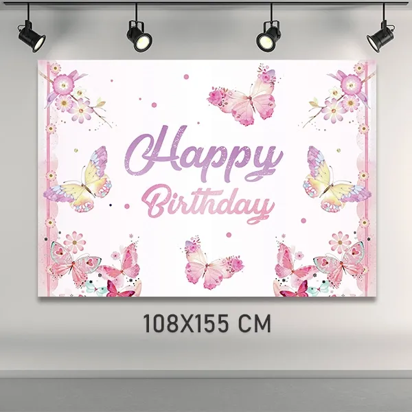 Kelebek Temalı Doğum Günü Afişi Pembe (108x155 cm)