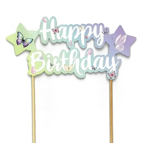 Kelebek Temalı Happy Birthday Pasta Süsü
